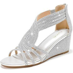 Gufobela Size 9.5 Heeled Sandals Silver Rhinestone Detailing Open-Toe Block Heel
